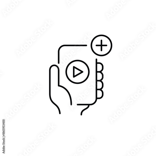 Play button on phone and plus symbol. App start, video launch. Pixel perfect, editable stroke vector icon