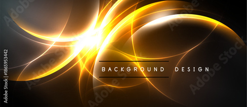 Bright golden energy flows, creating abstract curves. Dark background emphasizes radiant central glow. Modern design element.