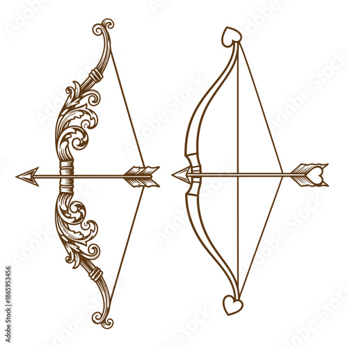 ornate and simple brown bow and arrow illustrations  two types of archery equipment