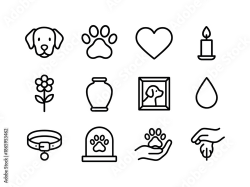 Pet Loss Icons. Grieving the loss of a pet. Line icon set of Grieving the loss of a pet: dog, cat, paw print, heart, candle, flower, urn, photo frame, tear
