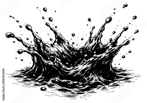 Hand drawn line art illustration of a liquid splash depicting a powerful crown splash for beverage or impact design