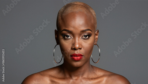 Stylish Bald Woman with Red Lipstick and Hoop Earrings