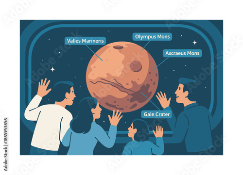 Mars Orbit Tour. Mars orbit tour. Passengers press to the glass as the red planet rotates below, with labeled icons pointing out valleys and volcanoes. Modern