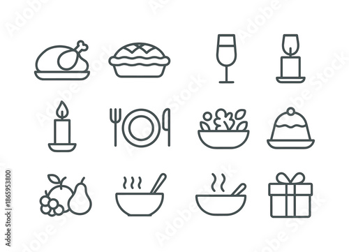 Festive Meal Icons. Festive meals. Line icon set of Festive meals: turkey, pie, bread loaf, champagne glass, candle, plate, knife and fork, salad bowl,