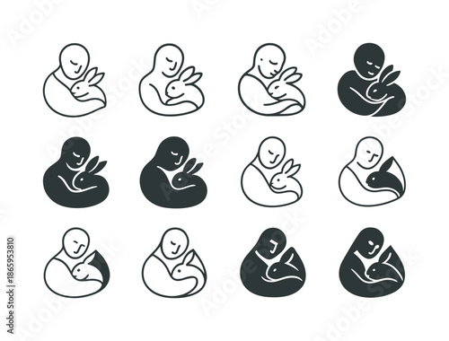 Rabbit Cuddling Icons. Cuddling with a pet rabbit. Icon set. Set Logo of Cuddling with a pet rabbit: rabbit and blanket. harmonious logo variations of the same