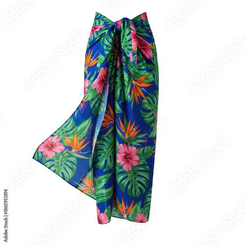Blue sarong with tropical floral and leaf print tied at the waist png isolated transparent background