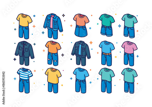 Colorful Denim Icons. Denim outfits. Colorful isometric vector icons set of denim outfits: jeans-and-tee combo, denim jacket over tee, denim skirt outfit,