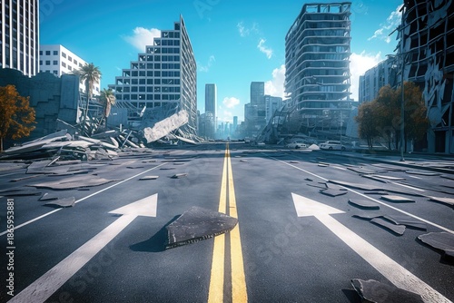 Postapocalyptic highway with arrow signs and collapsed buildings in cartoon game scene, for urban background concept art