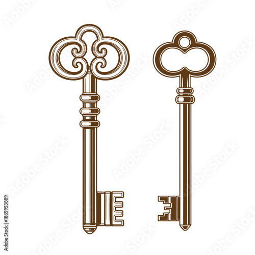 Two antique skeleton keys with ornate handles and teeth on white background