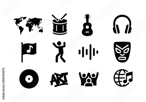 Global Music Icons. Global youth music scenes. Solid icon set of Global youth music scenes: world map, drum, guitar, headphones, festival flag, dance figure,