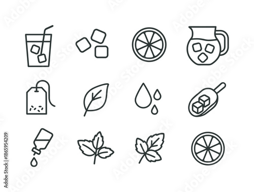 Iced Tea Line Icons. Iced tea. Line icon set of iced tea: tall glass, ice cubes, lemon slice, straw, pitcher, tea bag, leaf, cold droplets, ice scoop, sugar