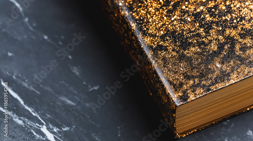 Luxury gold glitter book cover on dark black marble background