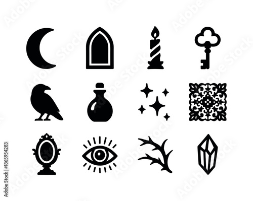 Whimsigoth Icon Set. Whimsigoth. Solid icon set of Whimsigoth: crescent moon, gothic arch, twisted candle, ornate key, raven silhouette, potion bottle, star