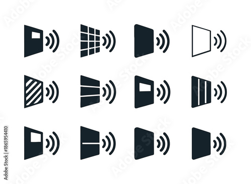 Noise Protection Icons Grid. Noise protection screen. Icon set. Set Logo of Noise protection screen: Noise Reduction Symbol. harmonious logo variations of the