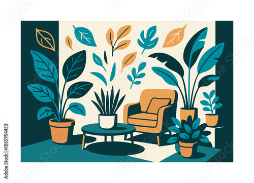 Indoor Garden Nook. Biophiic design and green architecture ? indoor garden nooks. A cozy corner with potted plants and soft seating; abstract leaf shapes float