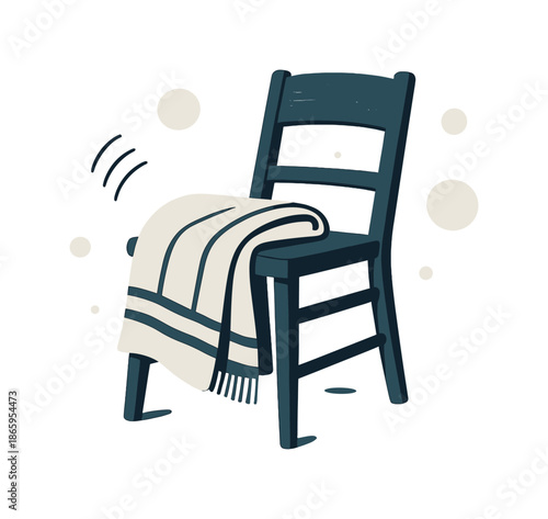 Cozy Rustic Chair. Rustic chair with blanket. A folded blanket drapes over the chair, motion lines hinting at recent use. Cozy shapes circle the scene. Modern