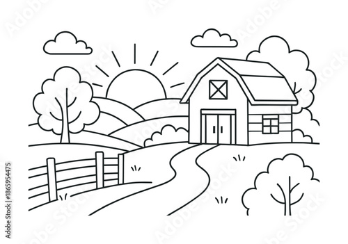 Farm Sunset Coloring. Countryside sunset children?s coloring book illustration, outlined drawing, peaceful farm landscape with a setting sun, barn, and trees,