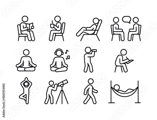 Evening Activity Icons. Outdoor evening activities. Line icon set of Outdoor evening activities: reading, sipping tea, relaxing, chatting,