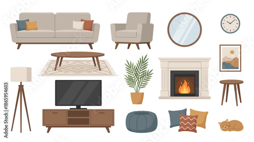 Cozy Living Room Furniture and Decor Elements.