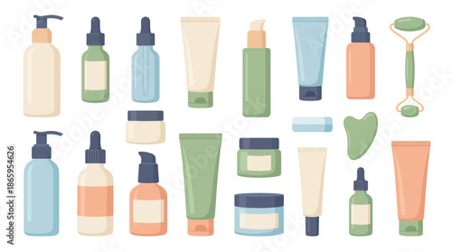 Assorted cosmetic products and skincare items in various pastel colors.