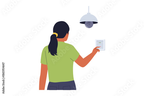 Illustration of Energy Saving Concept with Human Hand Turning Off Light Switch. Illustration showing a hand reaching for a light switch to turn off the lights, symbolizing energy conservation