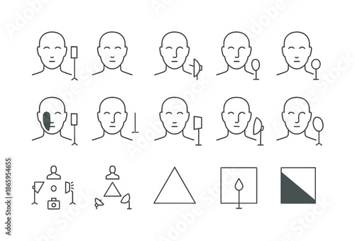 Studio Lighting Icons Grid. Taking portraits in a studio ? Lighting Techniques. Line icon set of Taking portraits in a studio ? Lighting Techniques: Rembrandt