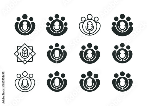 Podcast Emblem Variations. The rise of podcasts and their cultural impact. Icon set. Set Logo of The rise of podcasts and their cultural impact: community mic
