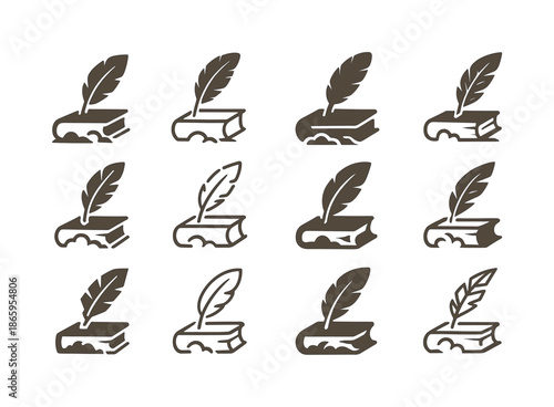 Dusty Tome Icons. Dusty tome. Icon set. Set Logo of Dusty tome: quill and book. harmonious logo variations of the same emblematic concept, each with different