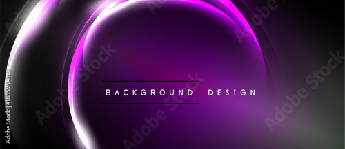 Abstract purple light curves create dynamic background. Modern design features gradient shades, sleek lines, minimal text.