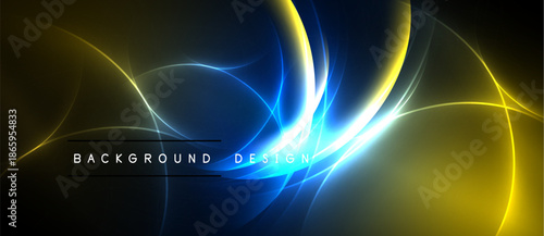 Abstract energy flows, vibrant yellow, blue hues. Dynamic light streaks create modern background design. Minimalist, sleek presentation.