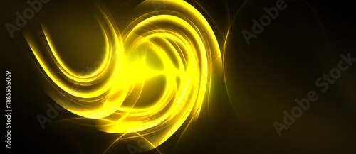 Bright yellow swirls dominate dark background. Dynamic energy radiates from central point, creating abstract visual impact.