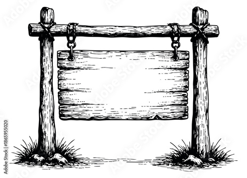 Hand drawn line art illustration of a rustic wooden signpost depicting a blank board for messages