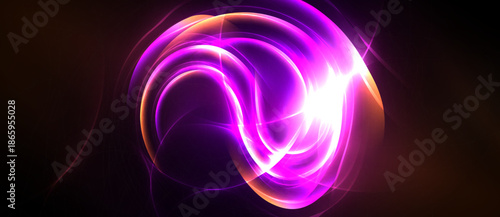 Bright pink swirls form abstract shape against dark background. Glowing lines create dynamic energy, vibrant visual effect.