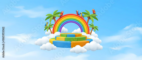 3d kids rainbow, platform, tropical palms, parrots and blue sky, copy space.
