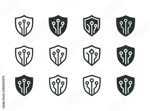 Fintech Icon Set. Fintech Innovation. Icon set. Set Logo of Fintech Innovation: secure shield with fintech circuitry. harmonious logo variations of the same