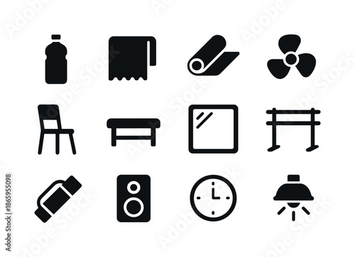 Dance Studio Essentials. Dance studio accessories. Solid icon set of dance studio accessories: water bottle, towel, yoga mat, fan, chair, bench, mirror, barre,