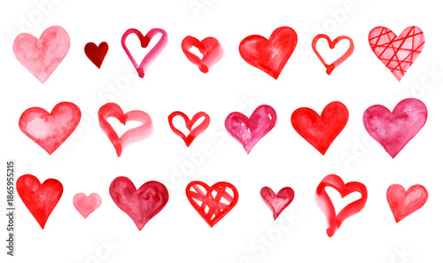 Collection of hand painted red watercolor heart illustrations isolated on white. Romantic symbols of love for Valentine’s Day, wedding stationery, greeting cards, posters and creative design projects.
