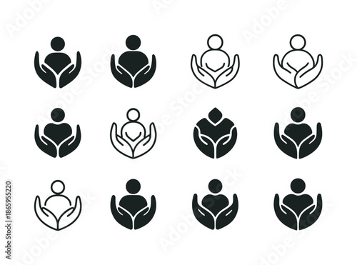 Caring Emblem Icons. The act of caring and nurturing loved ones. Icon set. Set Logo of the act of caring and nurturing loved ones: supportive arms. harmonious