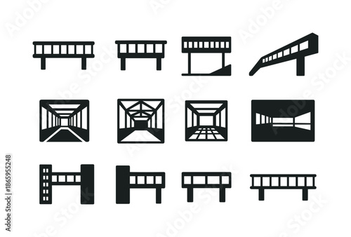 Skybridge Icon Perspectives. Skybridge perspectives. Solid icon set of Skybridge perspectives: side elevation, front view, top-down view, angled bridge,