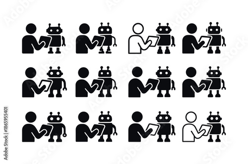 Robot Control Icons. A person controlling a robot via a tablet. Icon set. Set Logo of A person controlling a robot via a tablet: Human Hand Tapping Tablet.