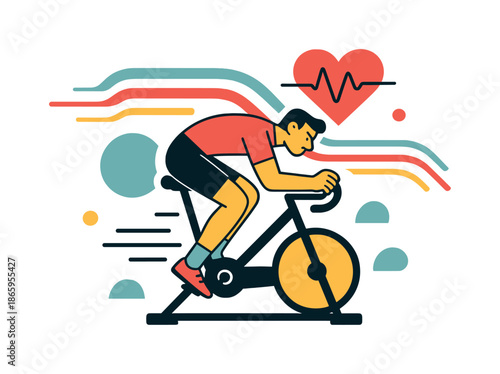 Dynamic Cycling Performance. Cycling power. A cyclist pedals hard on a stationary bike with digital speed trails and heart rate graphics pulsing above. Modern