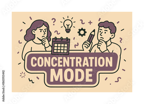 Focused Planning Banner. Concentration mode banner, flat vector illustration, bold oversized text inside sticker outline, cartoon characters thinking deeply,