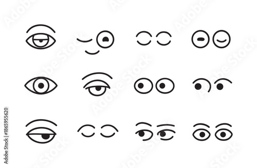 Nonverbal Eye Icons. Nonverbal Eye Signals. Line icon set of Nonverbal Eye Signals: eye roll, wink icon, double blink, slow blink, squint, raised eyebrow