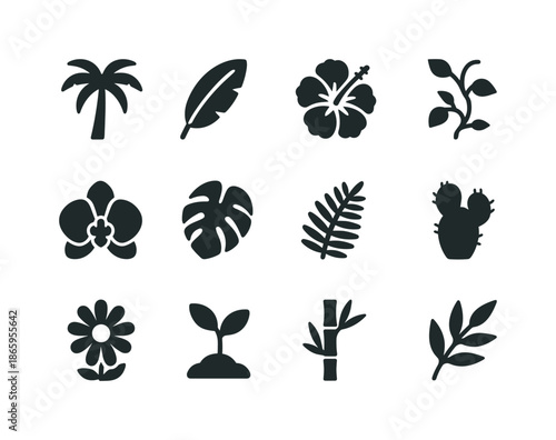 Tropical Flora Icons. Tropical Flora. Solid icon set of Tropical Flora: palm tree, banana leaf, hibiscus, vine, orchid, monstera leaf, fern, cactus, flower,