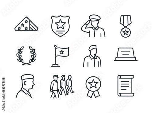 Veterans' Honors Icons. Veterans' honors. Line icon set of Veterans' honors: folded flag icon, veteran badge, honor guard salute, military patch, wreath