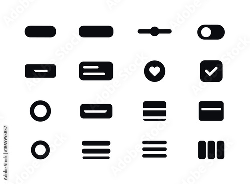 UI Components Icons. UI components. Solid icon set of UI components: button, text field, slider, toggle switch, dropdown, card, icon button, checkbox, radio