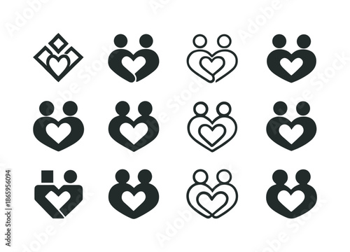 Family Support Icons. Supporting each other in family crises. Icon set. Set Logo of Supporting each other in family crises: guiding heart line. harmonious logo
