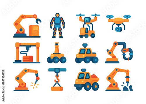 Construction Robotics Icons. Construction robotics. Colorful flat vector icons set of construction robotics: robotic arm, exoskeleton suit,