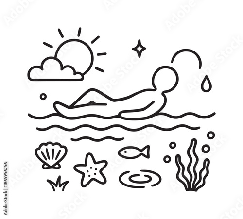 Floating Silhouette Doodle. Resting on water. Hand-drawn doodle illustration resting on water floating silhouette, waves, sun, cloud, seashell, starfish,