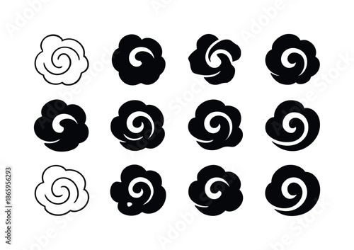 Interstellar Cloud Icons. Interstellar clouds. Icon set. Set Logo of interstellar clouds: nebula swirl. harmonious logo variations of the same emblematic